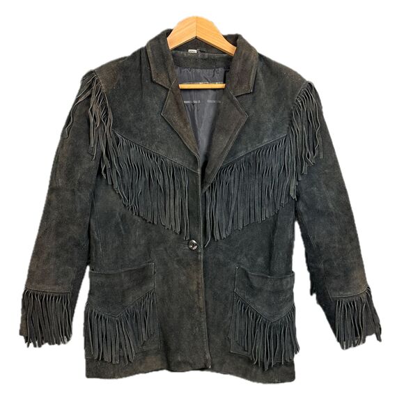 Vintage Suede Fringe Jacket‎ Mens Medium Black Genuine Leather Western Boho 80s - Picture 1 of 6